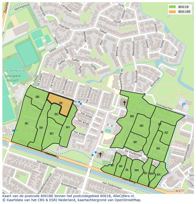 Afbeelding van het postcodegebied 8061 BE op de kaart.