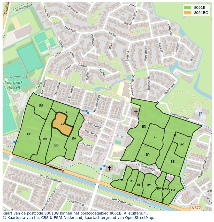 Afbeelding van het postcodegebied 8061 BG op de kaart.