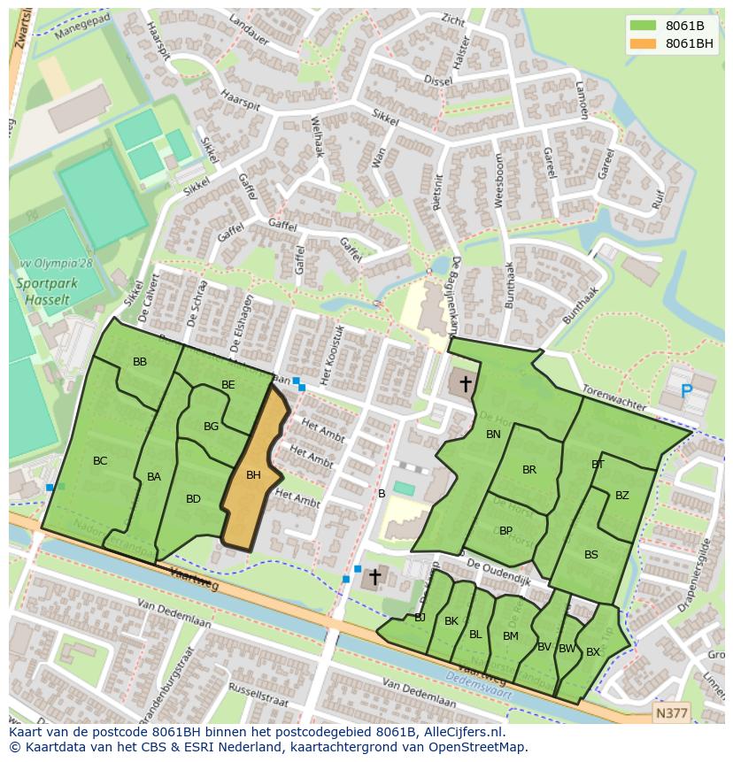 Afbeelding van het postcodegebied 8061 BH op de kaart.