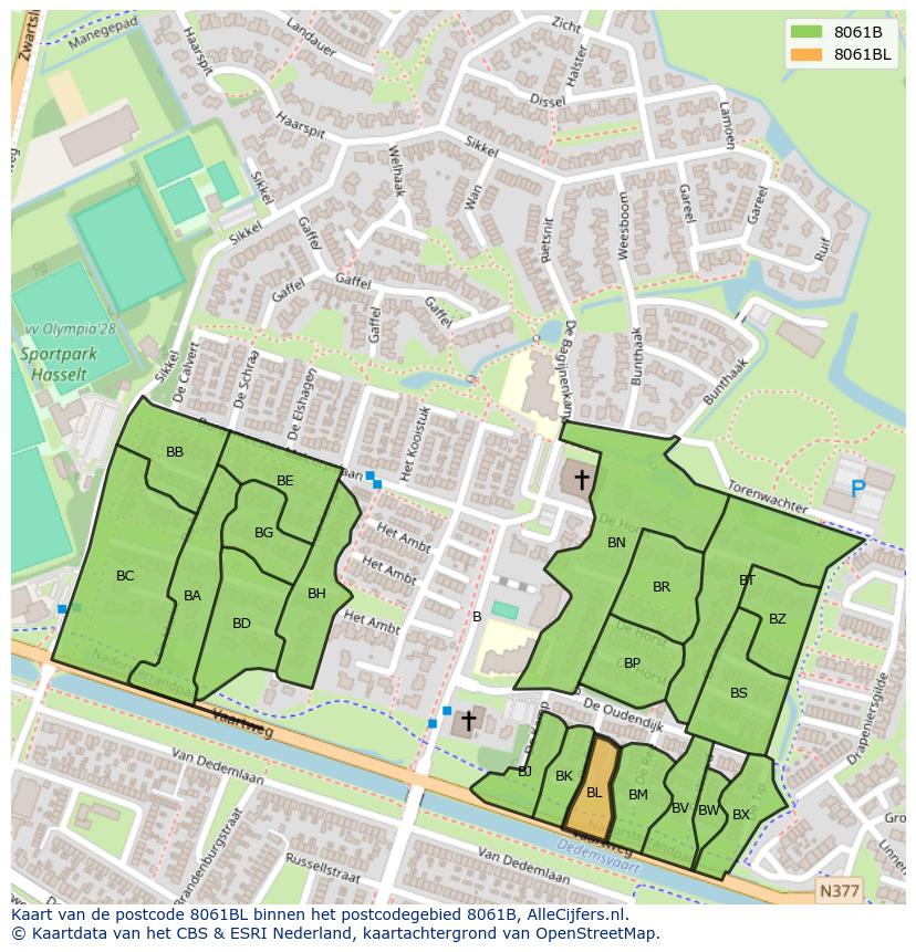 Afbeelding van het postcodegebied 8061 BL op de kaart.