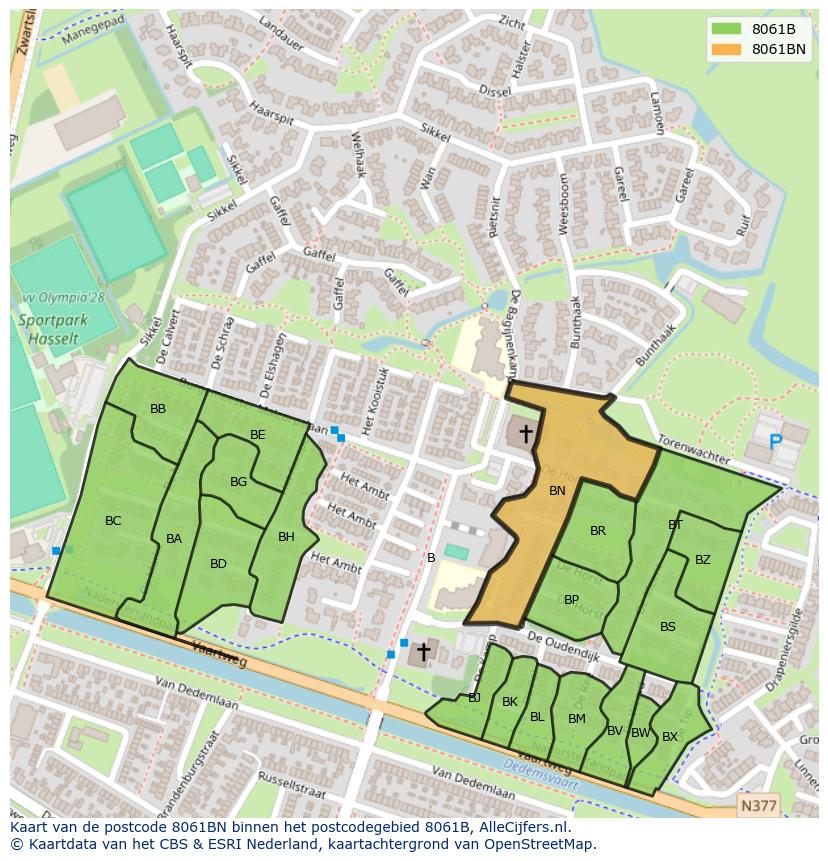 Afbeelding van het postcodegebied 8061 BN op de kaart.