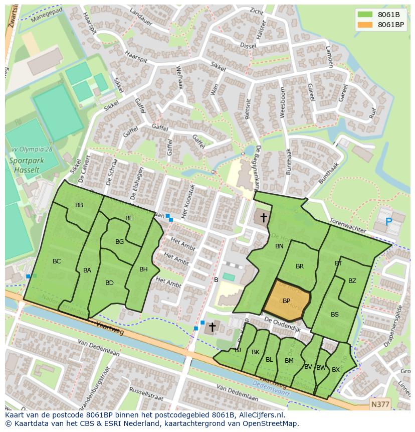 Afbeelding van het postcodegebied 8061 BP op de kaart.
