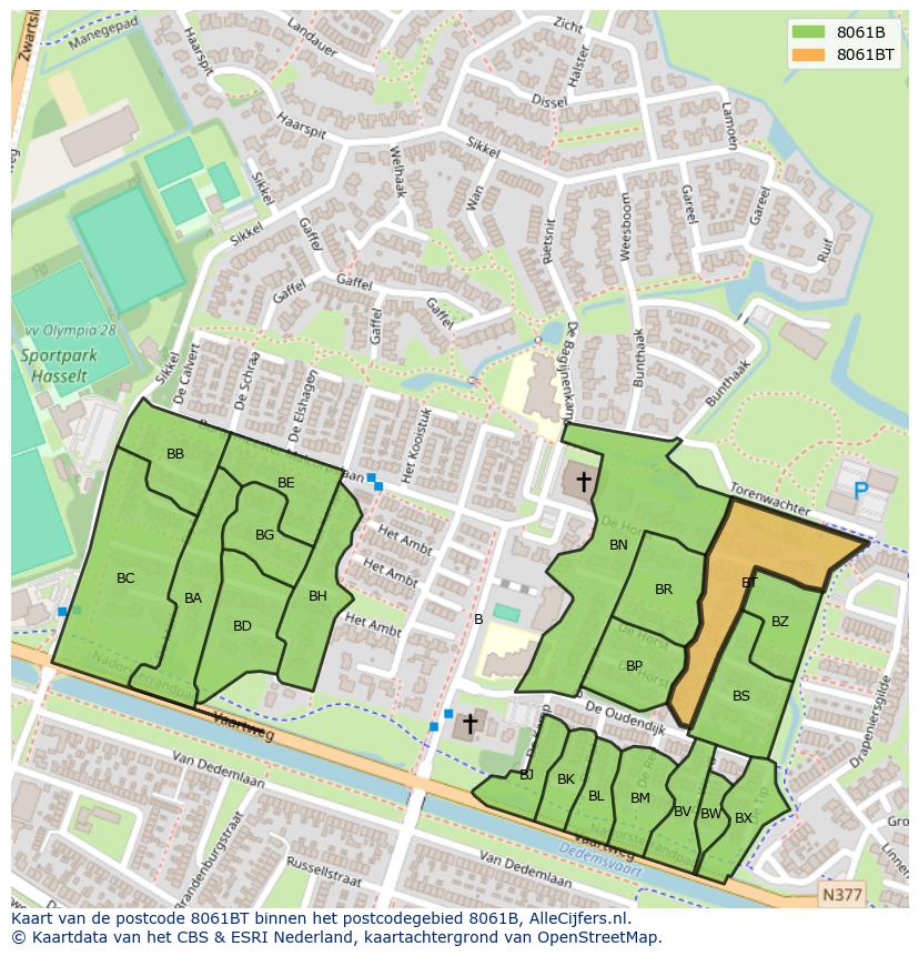 Afbeelding van het postcodegebied 8061 BT op de kaart.