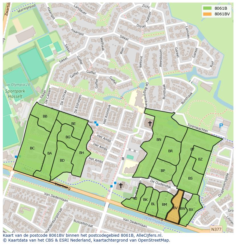 Afbeelding van het postcodegebied 8061 BV op de kaart.