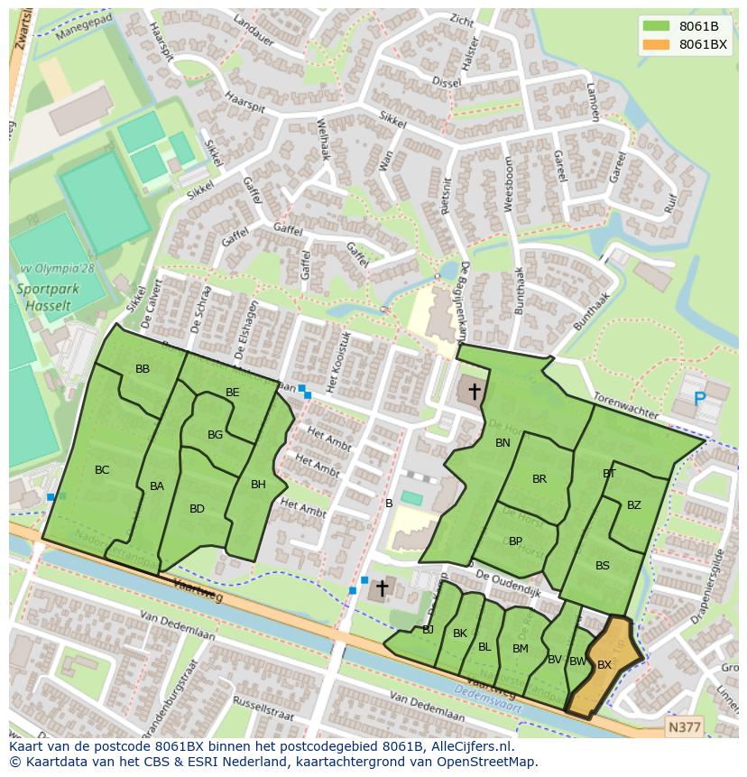 Afbeelding van het postcodegebied 8061 BX op de kaart.