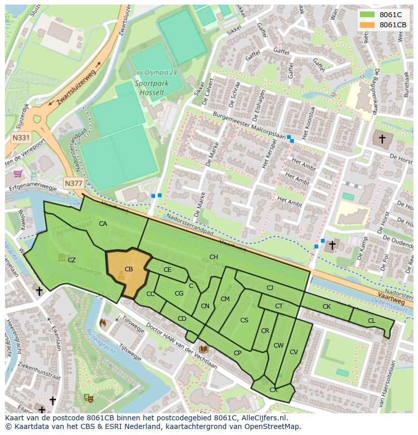 Afbeelding van het postcodegebied 8061 CB op de kaart.