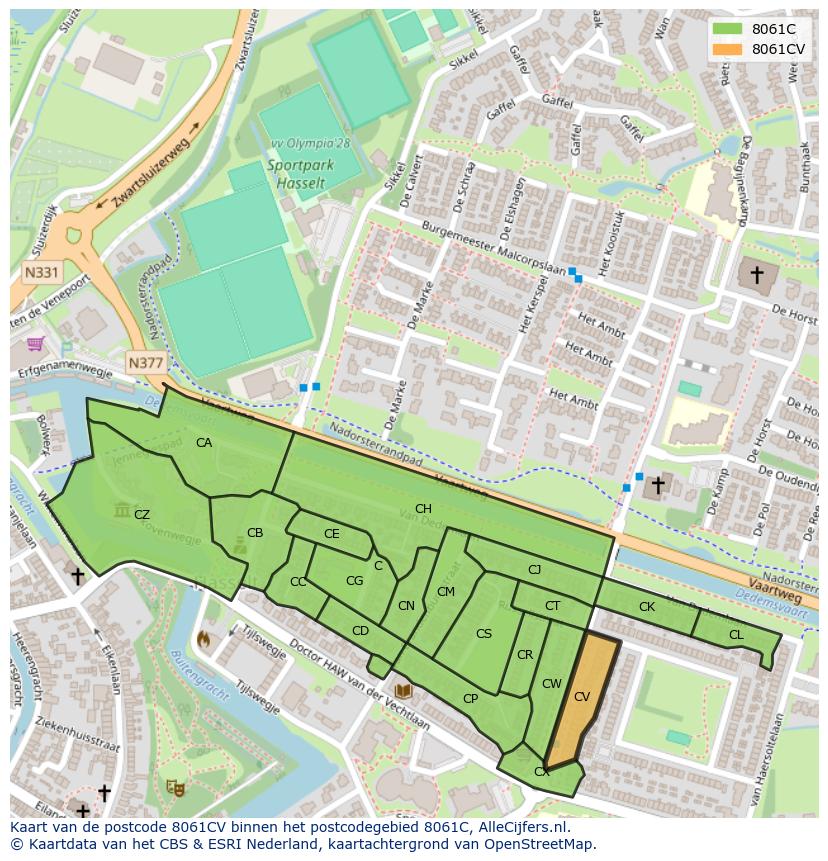 Afbeelding van het postcodegebied 8061 CV op de kaart.