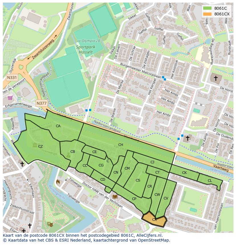 Afbeelding van het postcodegebied 8061 CX op de kaart.
