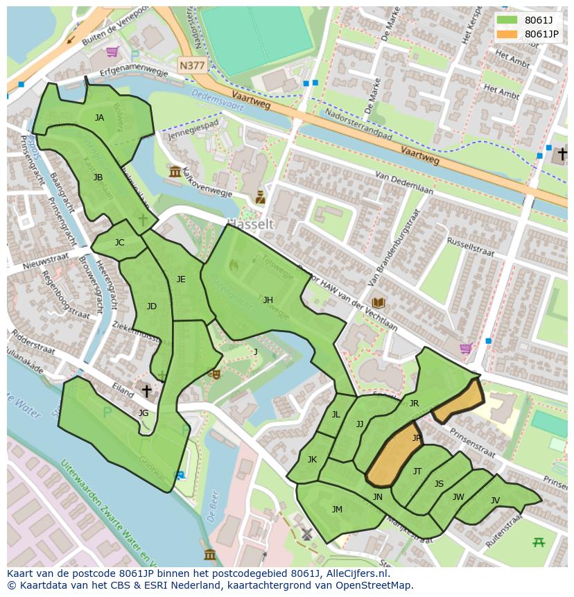 Afbeelding van het postcodegebied 8061 JP op de kaart.