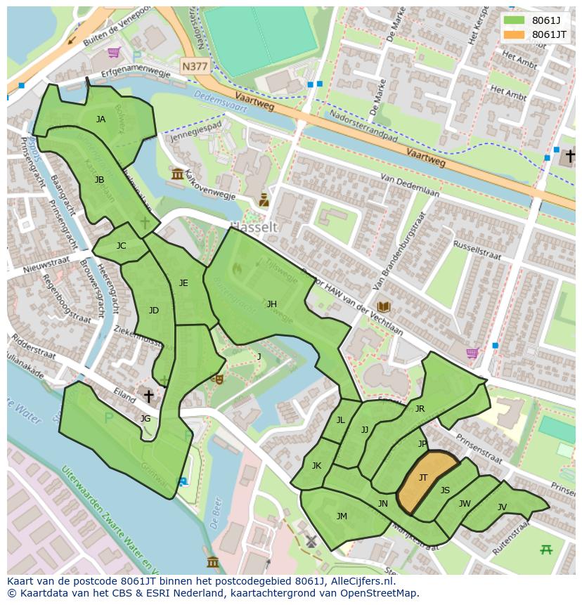 Afbeelding van het postcodegebied 8061 JT op de kaart.