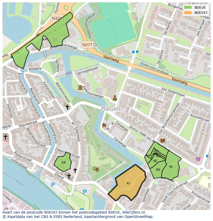 Afbeelding van het postcodegebied 8061 KJ op de kaart.