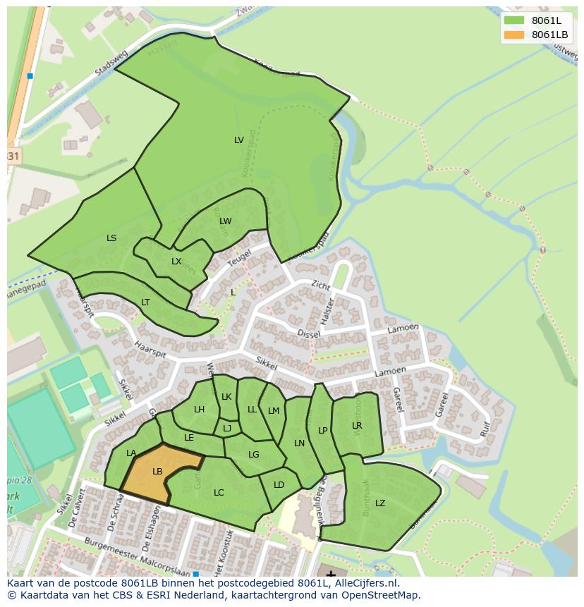 Afbeelding van het postcodegebied 8061 LB op de kaart.