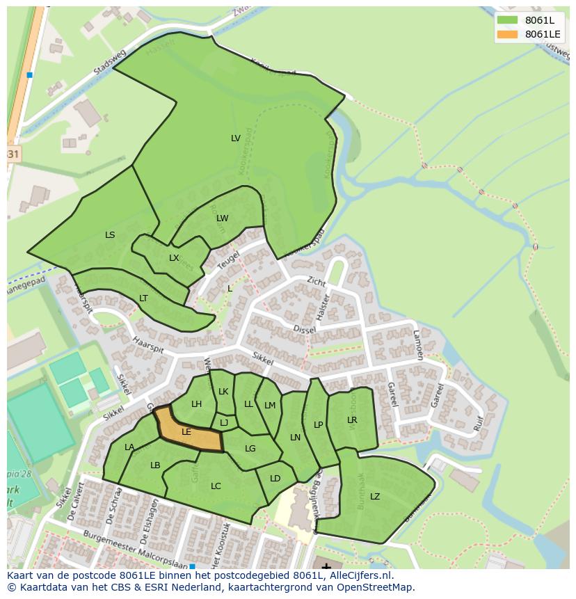 Afbeelding van het postcodegebied 8061 LE op de kaart.