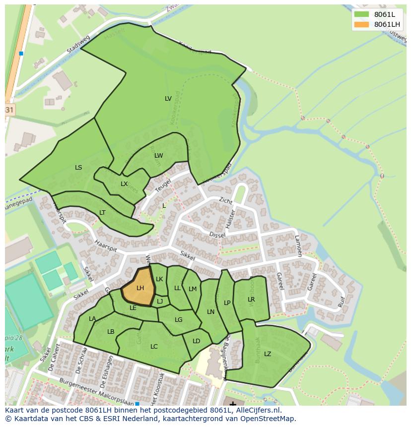 Afbeelding van het postcodegebied 8061 LH op de kaart.