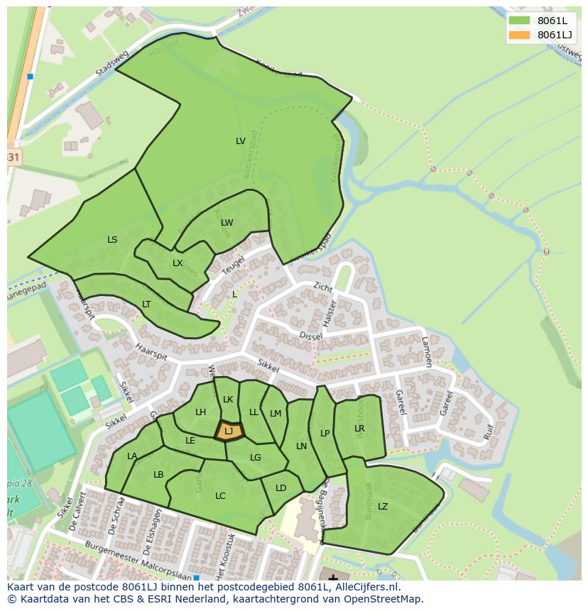 Afbeelding van het postcodegebied 8061 LJ op de kaart.