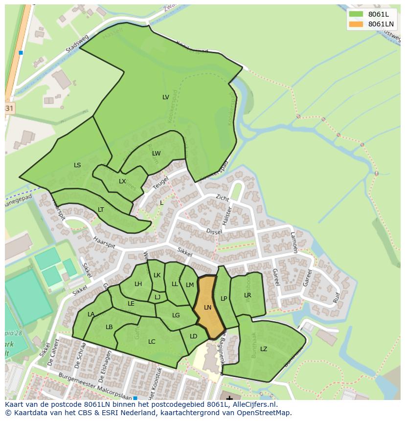 Afbeelding van het postcodegebied 8061 LN op de kaart.