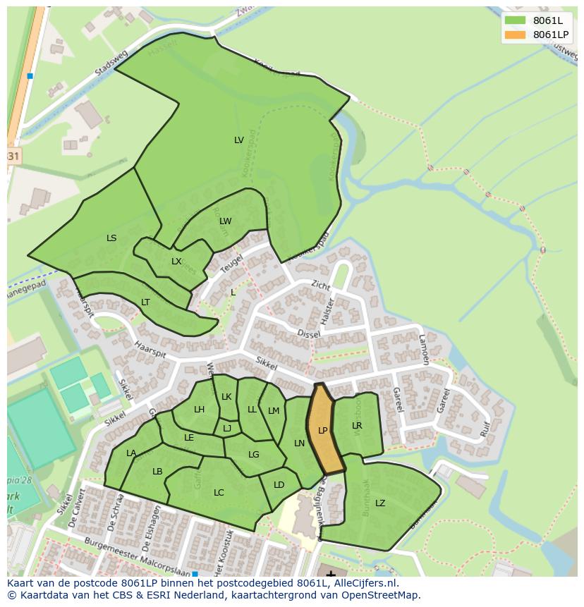 Afbeelding van het postcodegebied 8061 LP op de kaart.
