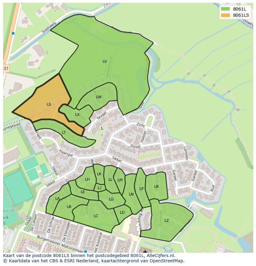 Afbeelding van het postcodegebied 8061 LS op de kaart.