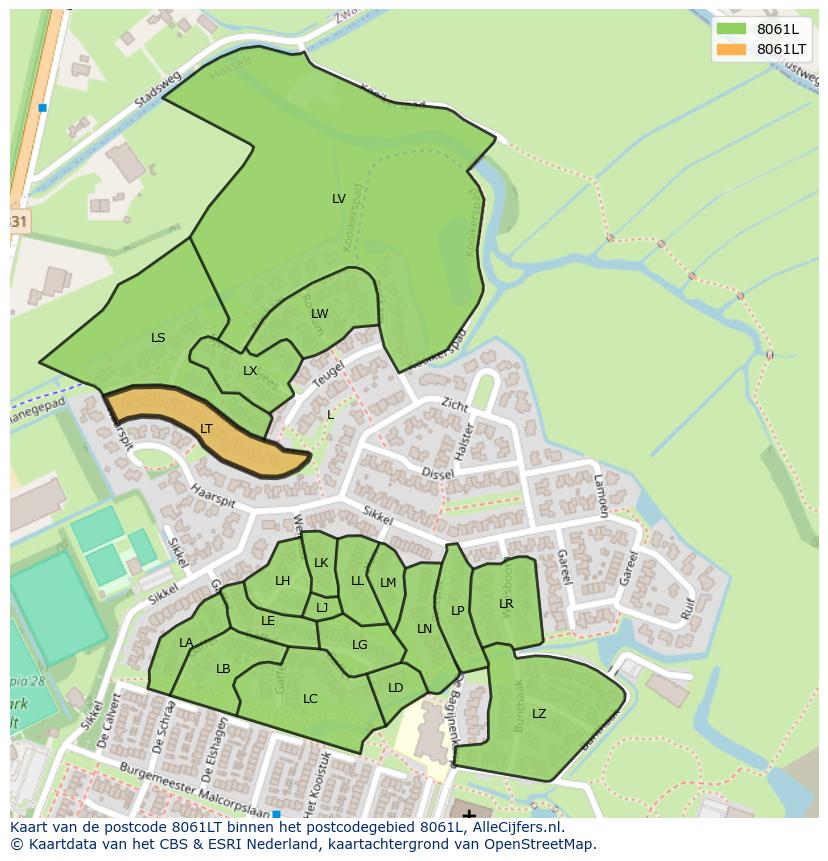 Afbeelding van het postcodegebied 8061 LT op de kaart.