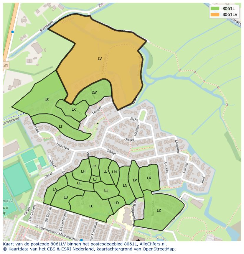 Afbeelding van het postcodegebied 8061 LV op de kaart.