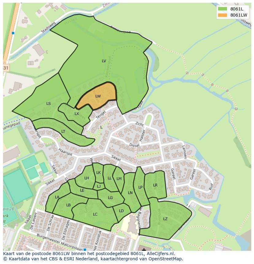 Afbeelding van het postcodegebied 8061 LW op de kaart.