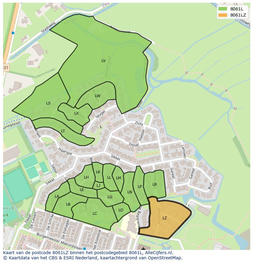 Afbeelding van het postcodegebied 8061 LZ op de kaart.