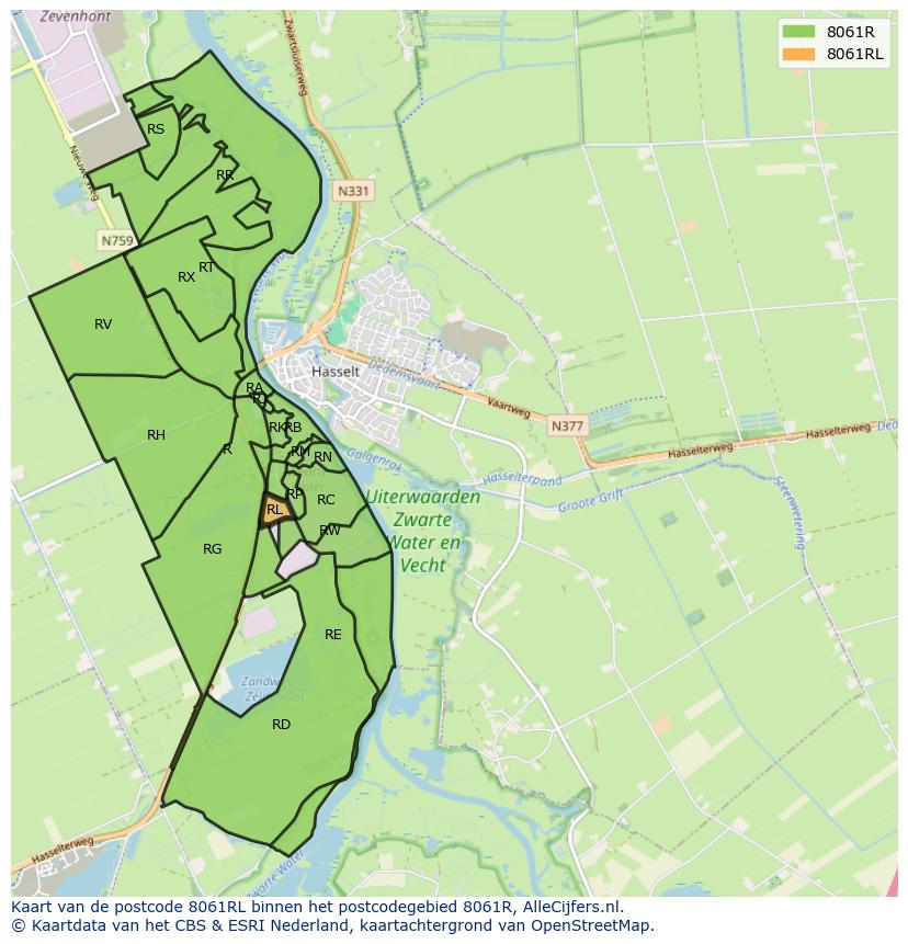 Afbeelding van het postcodegebied 8061 RL op de kaart.