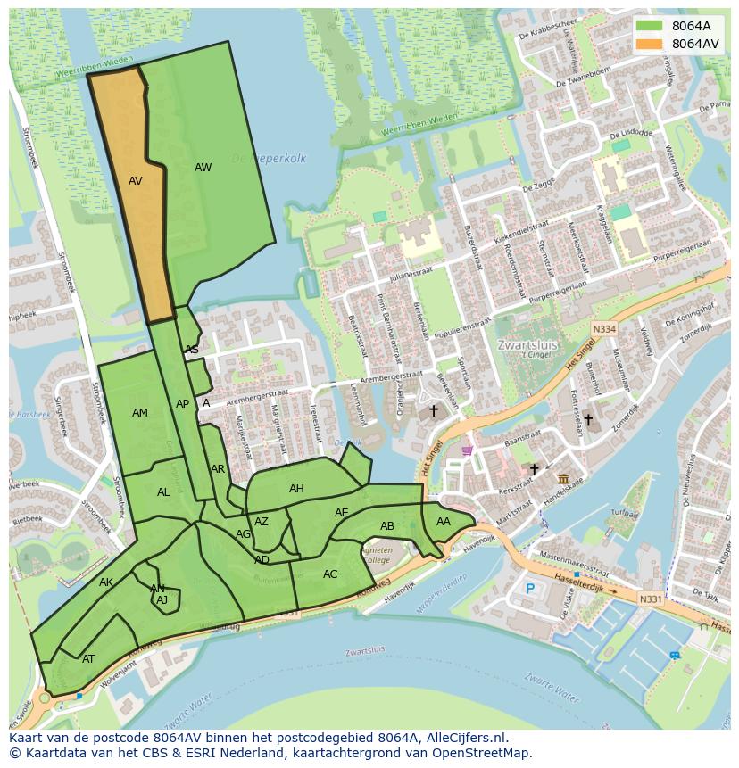 Afbeelding van het postcodegebied 8064 AV op de kaart.