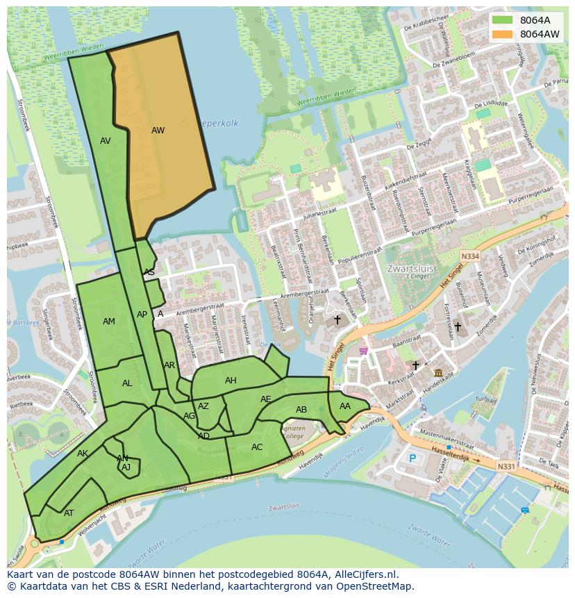 Afbeelding van het postcodegebied 8064 AW op de kaart.