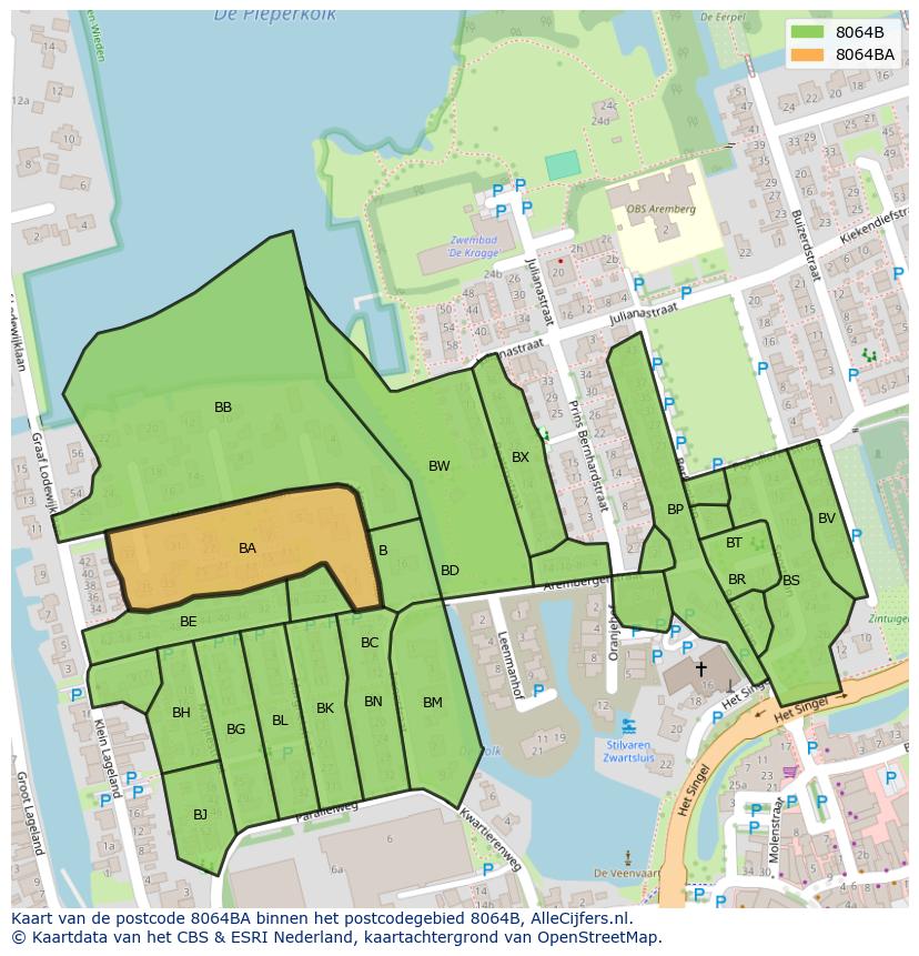 Afbeelding van het postcodegebied 8064 BA op de kaart.