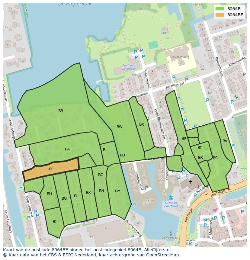 Afbeelding van het postcodegebied 8064 BE op de kaart.