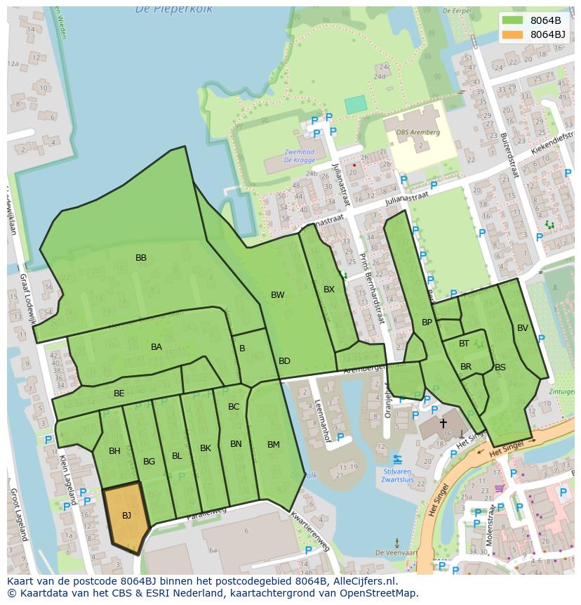 Afbeelding van het postcodegebied 8064 BJ op de kaart.