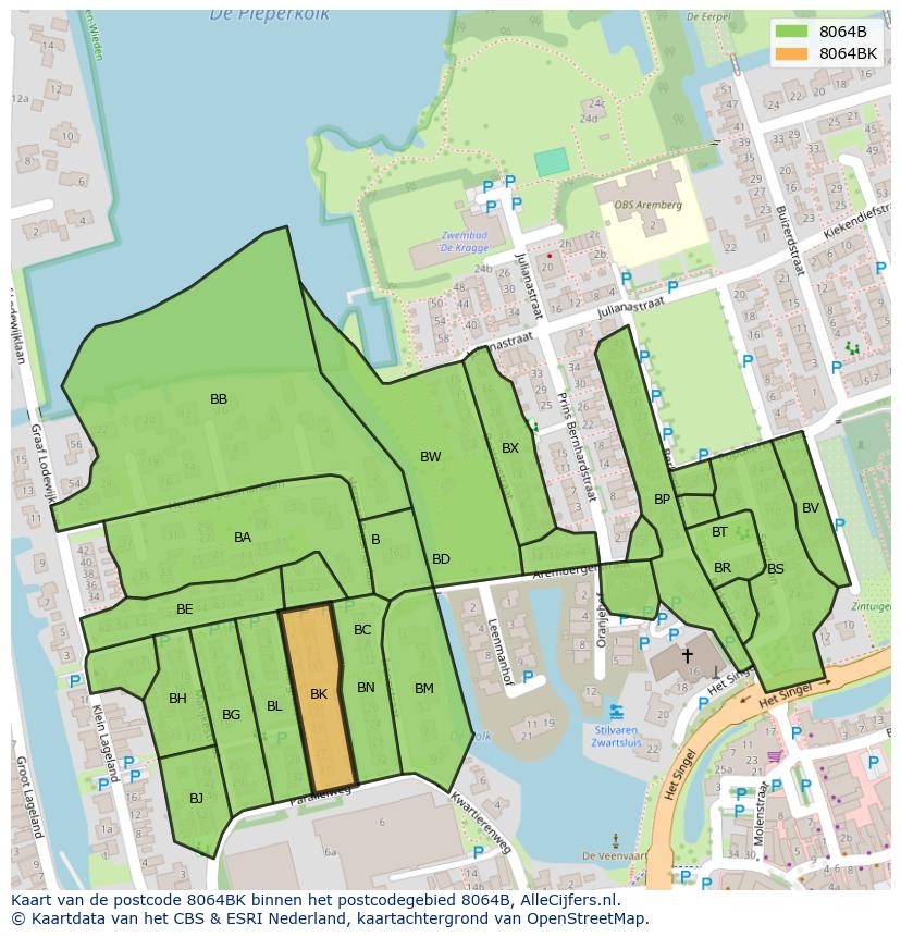 Afbeelding van het postcodegebied 8064 BK op de kaart.