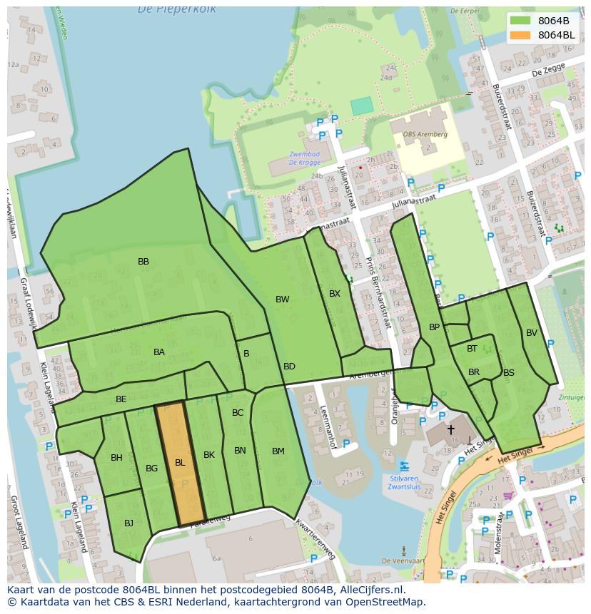 Afbeelding van het postcodegebied 8064 BL op de kaart.