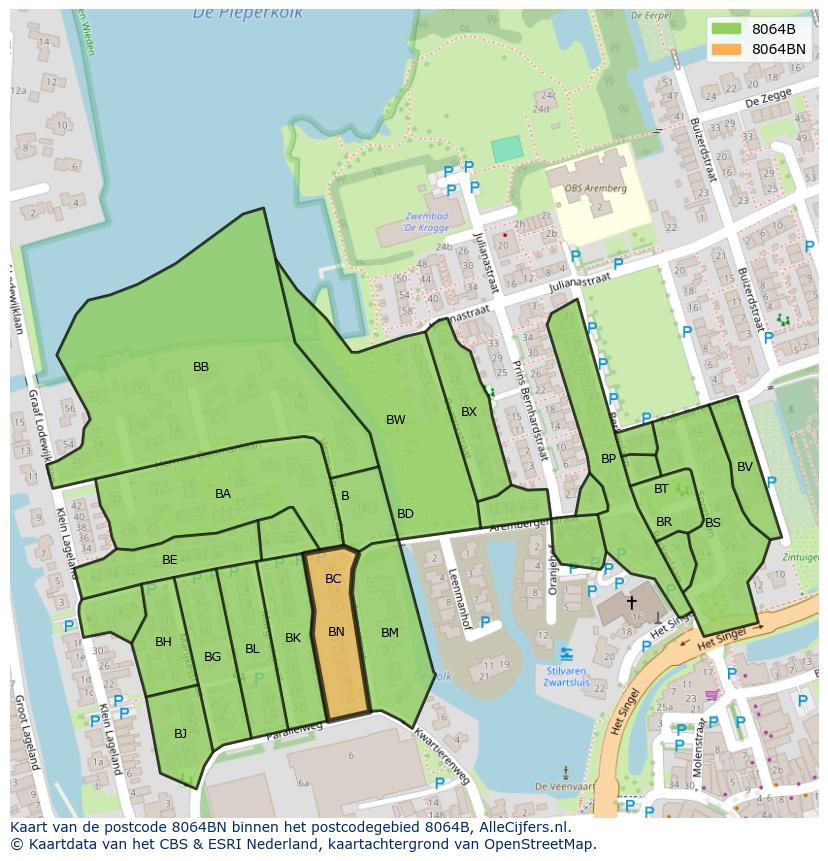 Afbeelding van het postcodegebied 8064 BN op de kaart.