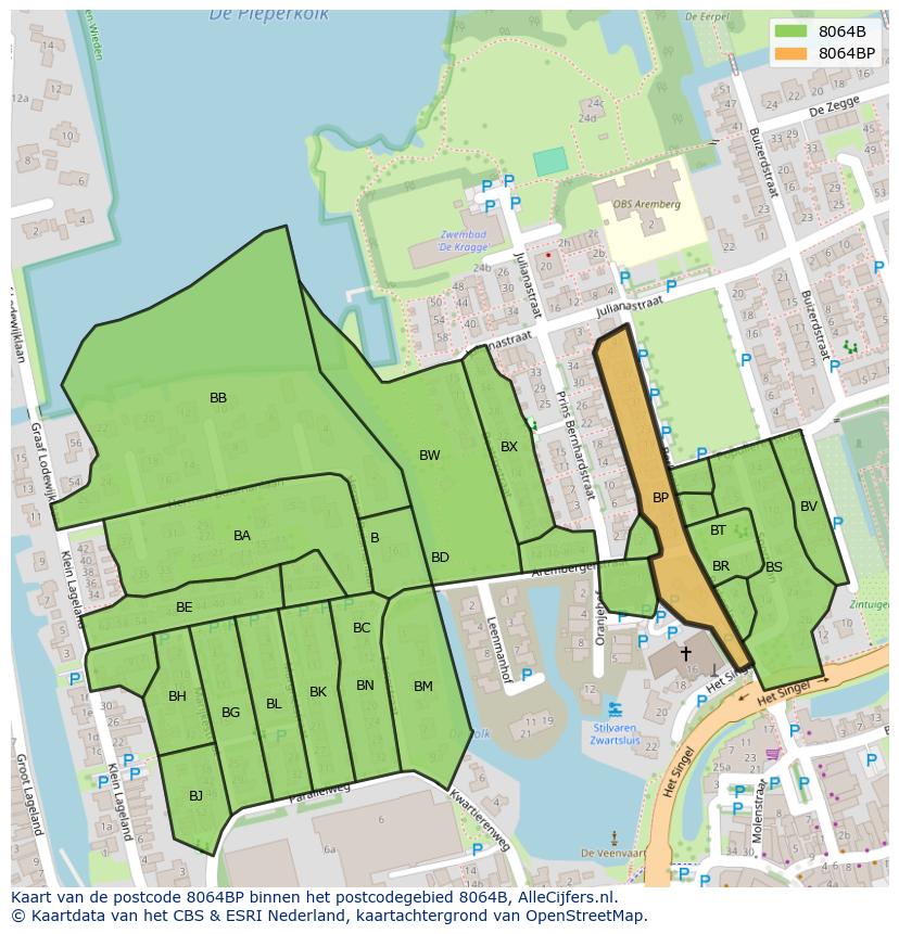 Afbeelding van het postcodegebied 8064 BP op de kaart.