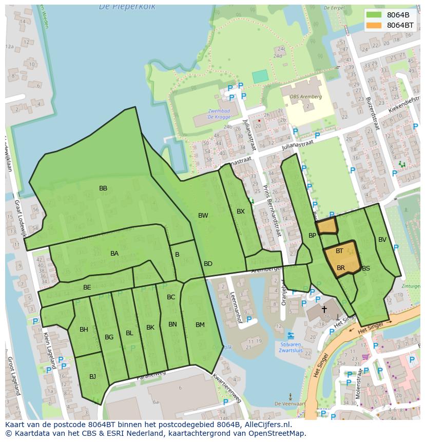 Afbeelding van het postcodegebied 8064 BT op de kaart.