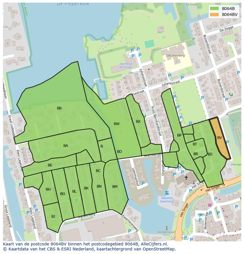 Afbeelding van het postcodegebied 8064 BV op de kaart.