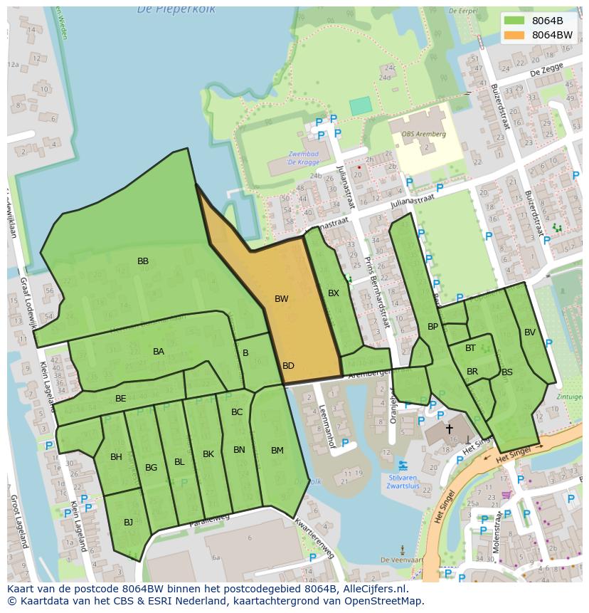 Afbeelding van het postcodegebied 8064 BW op de kaart.