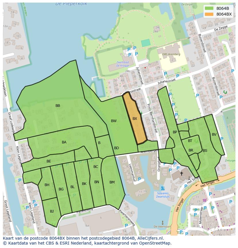 Afbeelding van het postcodegebied 8064 BX op de kaart.