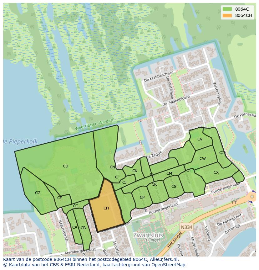 Afbeelding van het postcodegebied 8064 CH op de kaart.