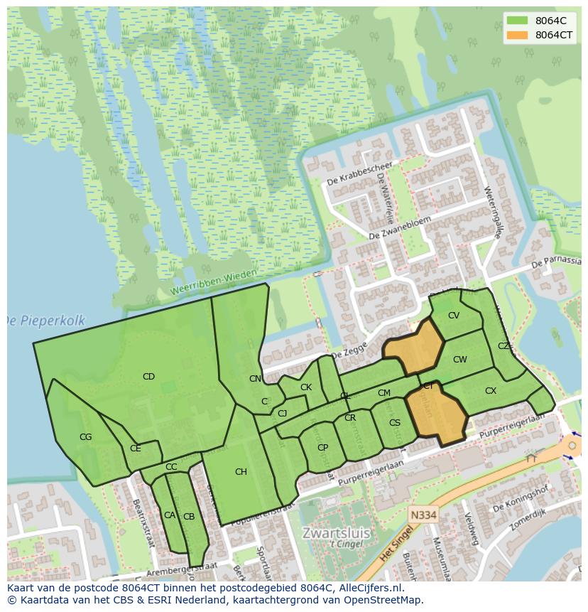 Afbeelding van het postcodegebied 8064 CT op de kaart.