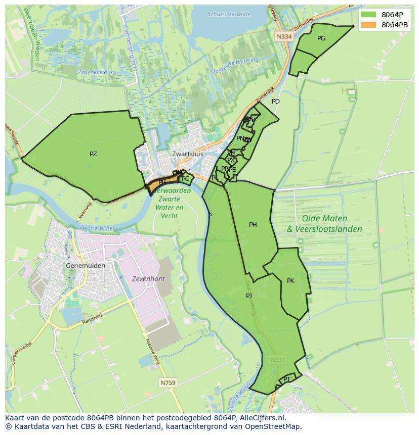 Afbeelding van het postcodegebied 8064 PB op de kaart.