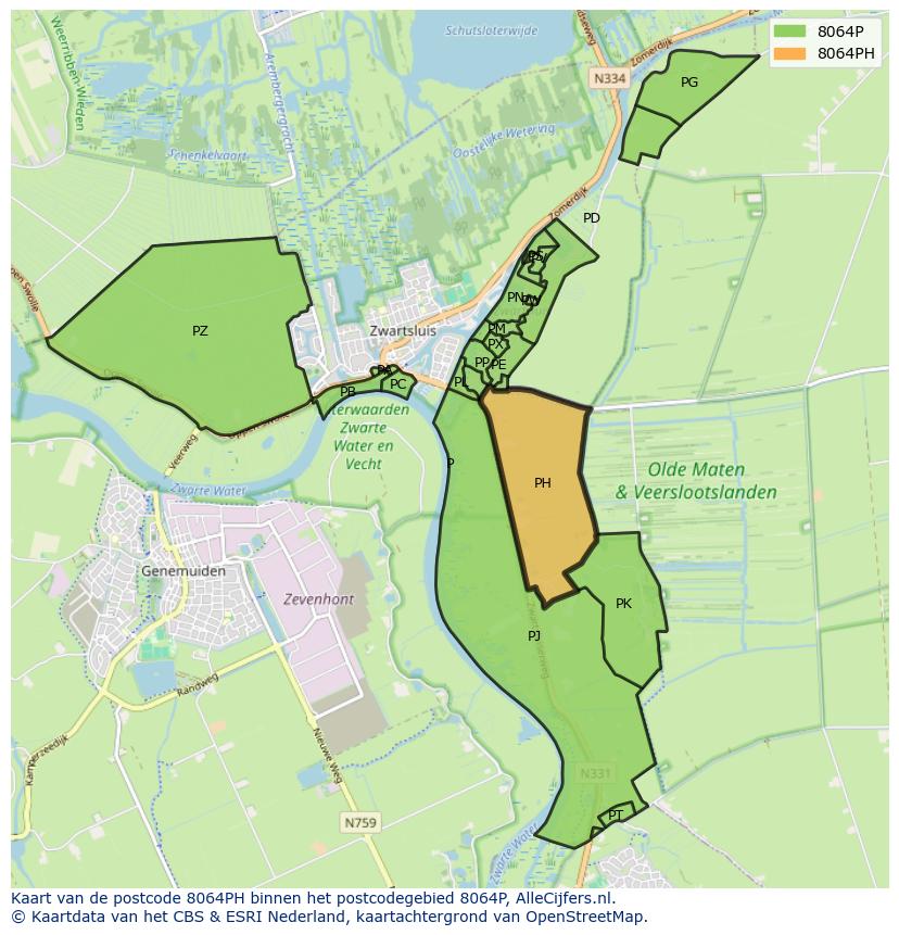 Afbeelding van het postcodegebied 8064 PH op de kaart.