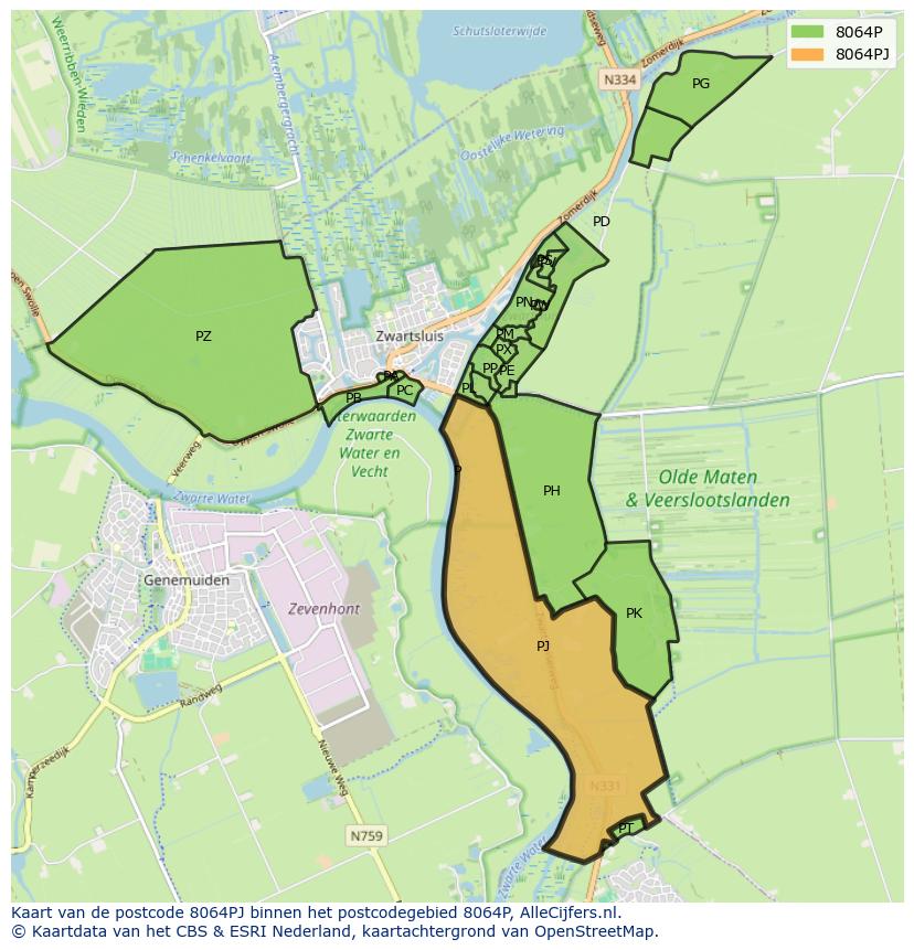 Afbeelding van het postcodegebied 8064 PJ op de kaart.