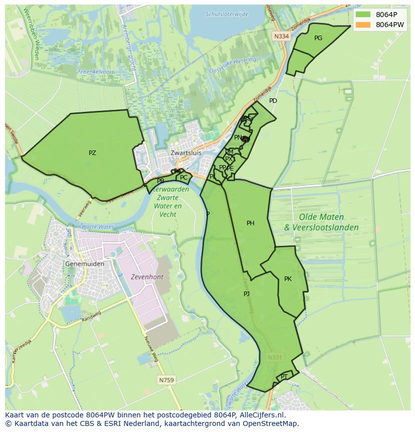Afbeelding van het postcodegebied 8064 PW op de kaart.