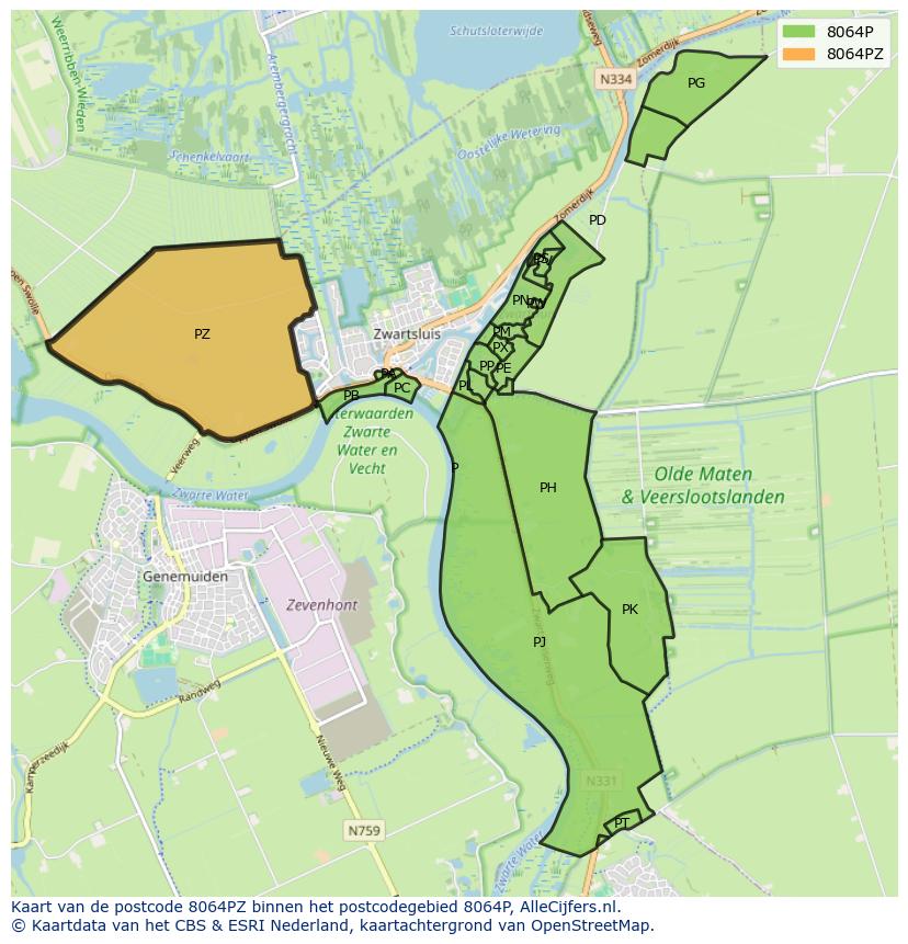Afbeelding van het postcodegebied 8064 PZ op de kaart.