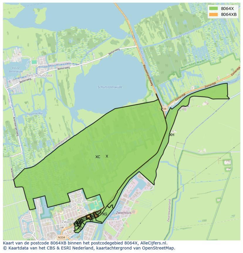 Afbeelding van het postcodegebied 8064 XB op de kaart.