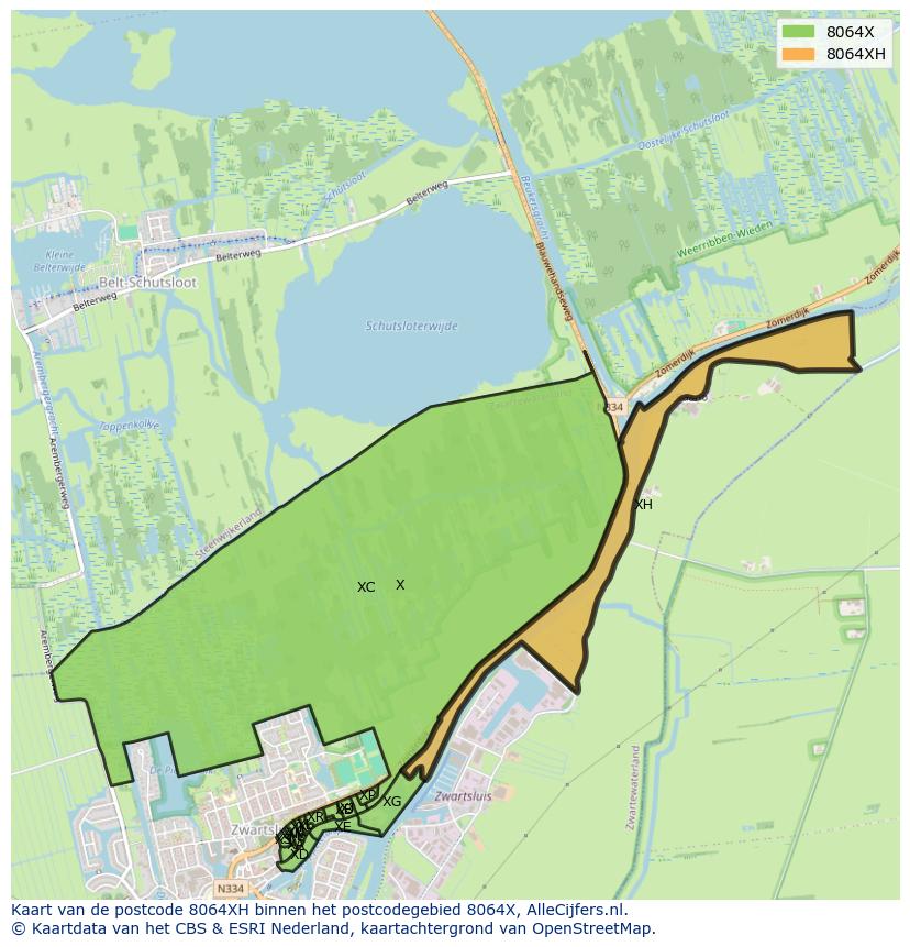 Afbeelding van het postcodegebied 8064 XH op de kaart.