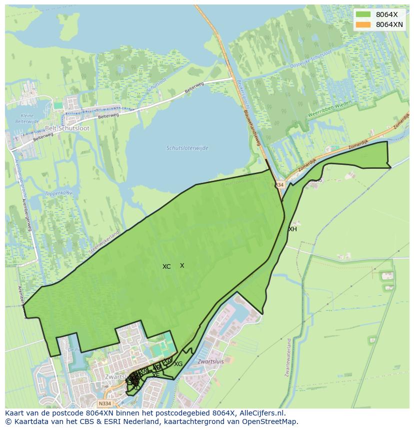 Afbeelding van het postcodegebied 8064 XN op de kaart.